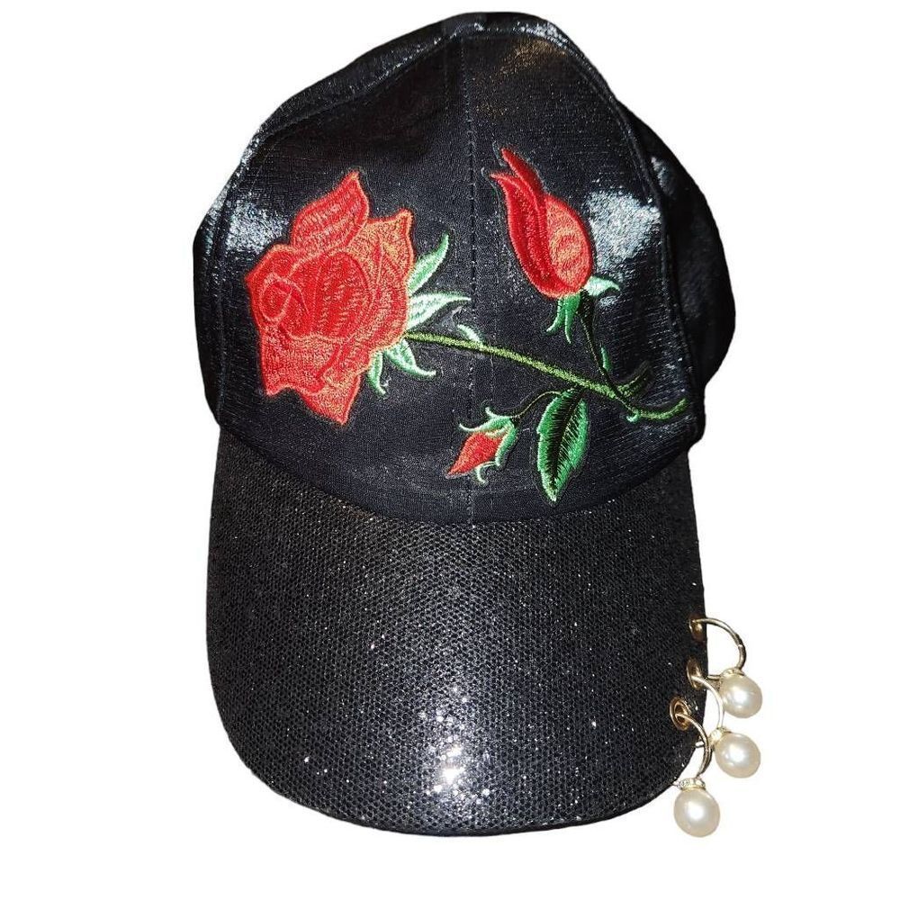 Shinyblack Y2k Style Embroidered Rose Pearl Accents Adjustable Baseball Hat Cap